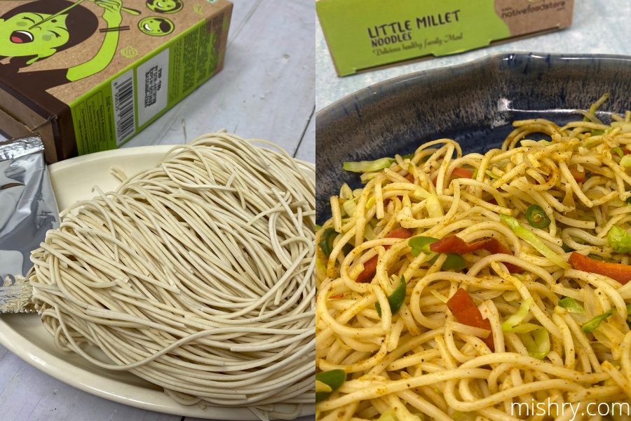the little millet noodles before and after the cooking process