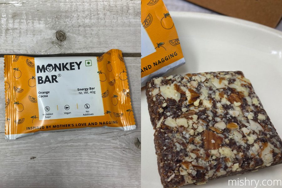 the packaging and macro shot of the orange cocoa energy bar