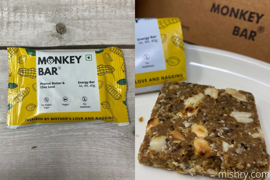 the packaging and macro shot of the peanut butter & chia seed energy bar